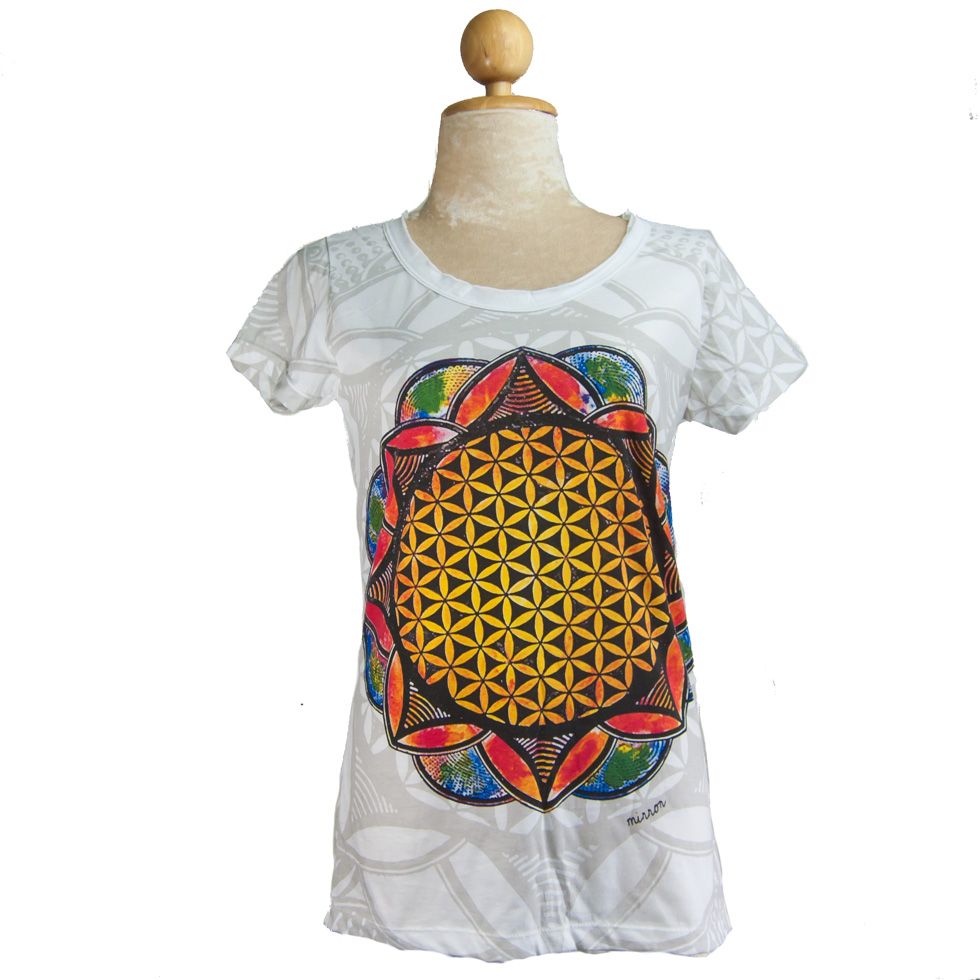 Damen T-Shirt mit kurzen Ärmeln Mirror Flower of Life White Thailand
