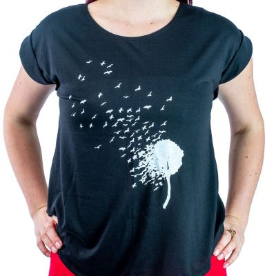 Damen T-Shirt mit kurzen Ärmeln Darika Bird Dandelion Black Thailand