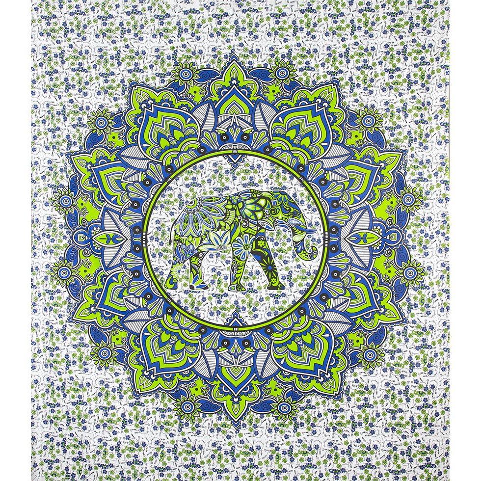 Überdecke aus Baumwolle Elefantenmandala – grün-blau India