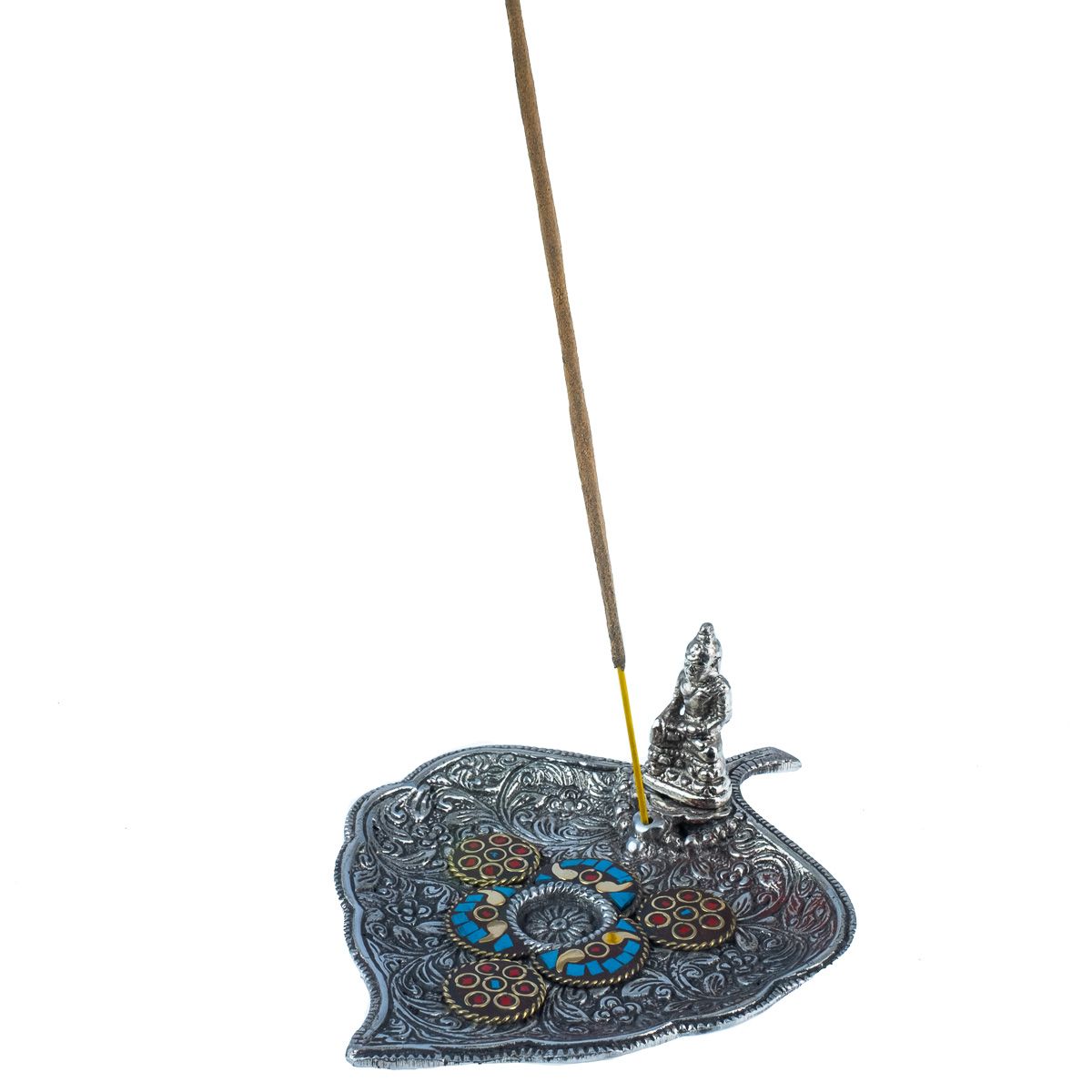 Metall Weihrauchhalter Blatt mit Buddha und Mosaik 1 India