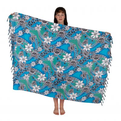 Sarong / Pareo / Strandschal Flowers and Turtles Cyan